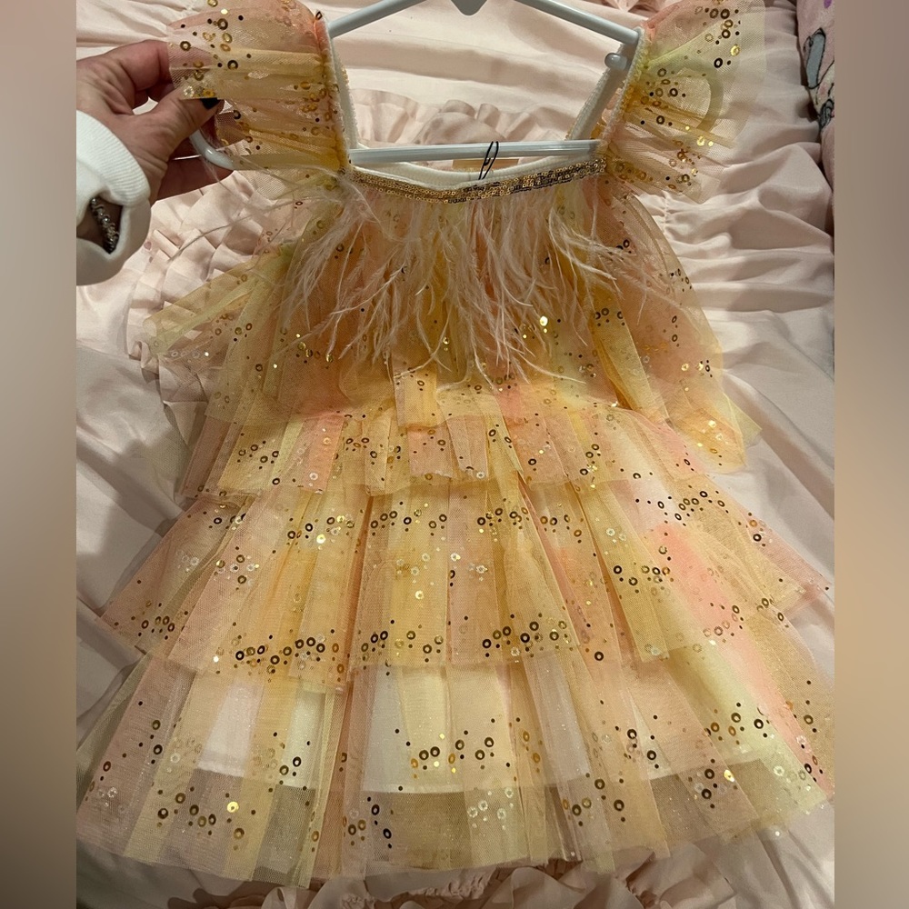 Brand New Petite Hailey Girls Feathers Sequin Dress